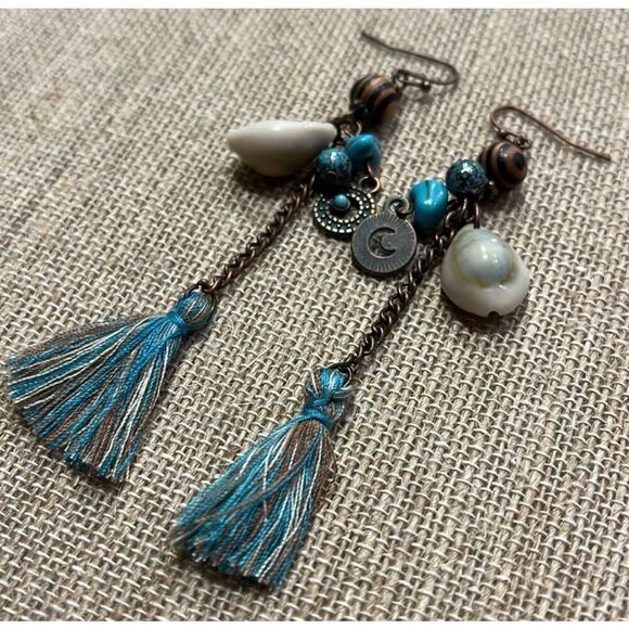 Blue Tan Seashell Beaded Long Tassel Boho Fashion Earrings NEW Beach Mermaid - Picture 1 of 3